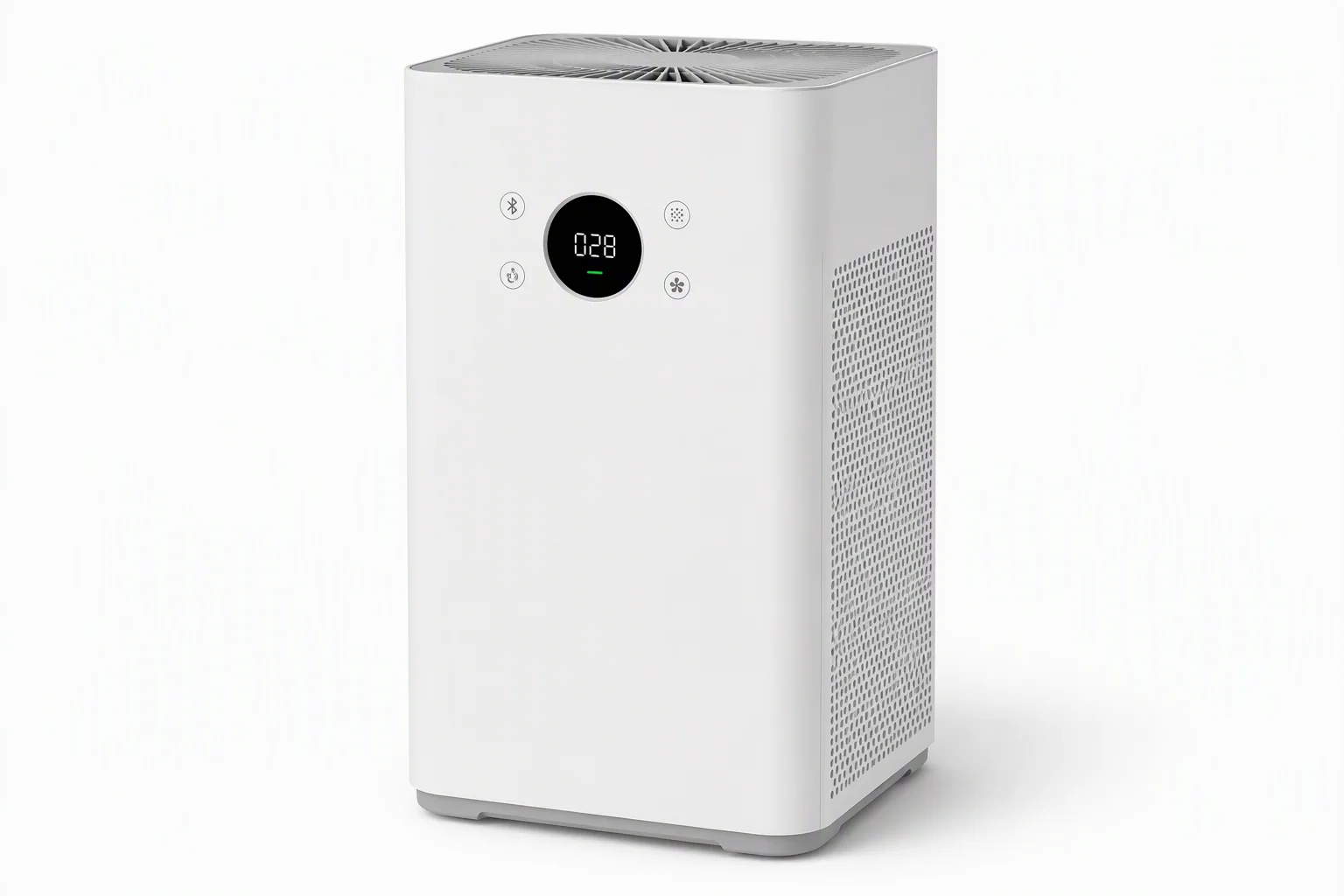 White tower air purifier with round digital air-quality display and touch keys