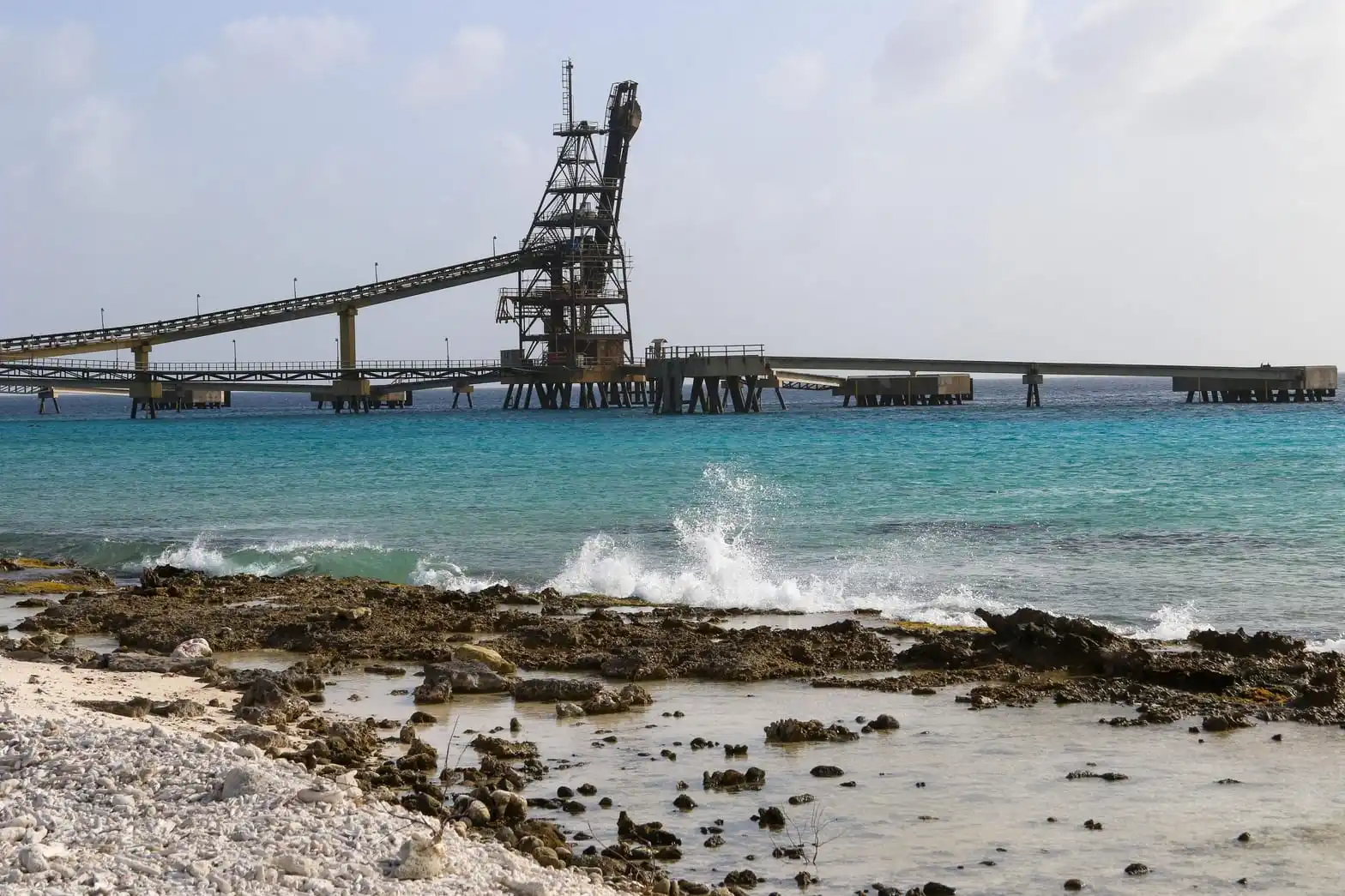 Port bulk material handling conveyor extending over the water
