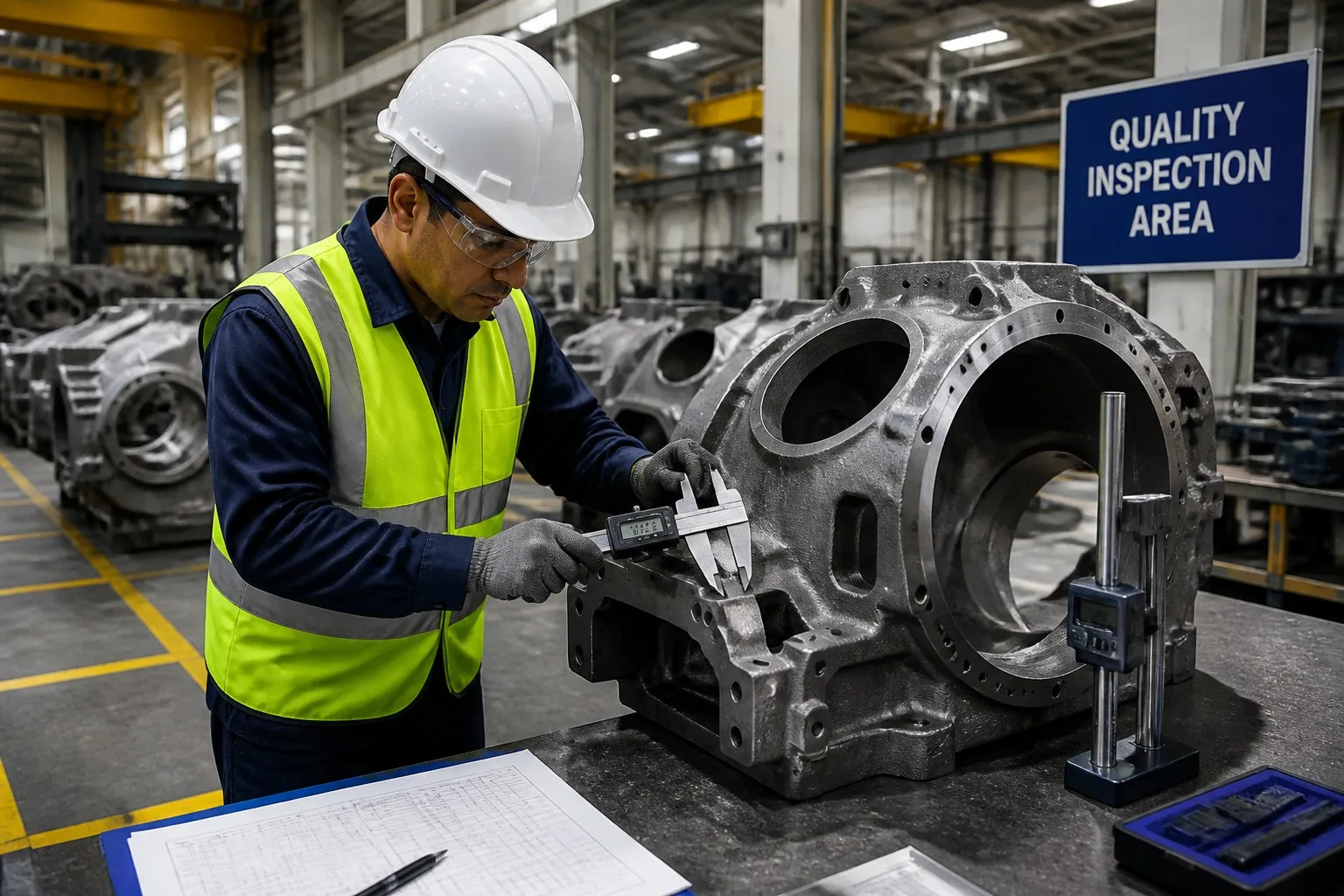 Quality inspector examining steel casting with measuring instruments in factory inspection area