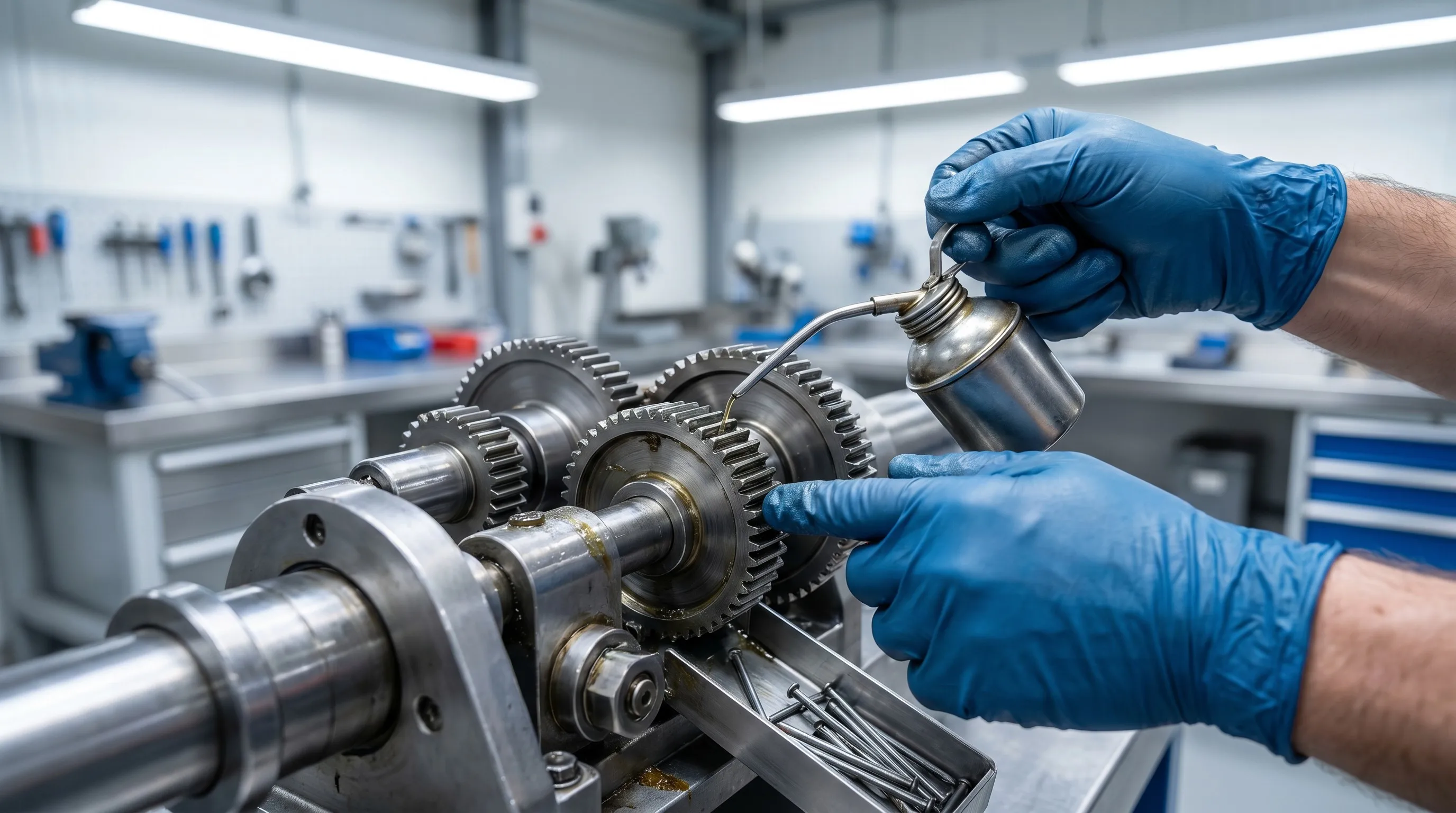 Técnico realizando mantenimiento preventivo a una máquina de clavos