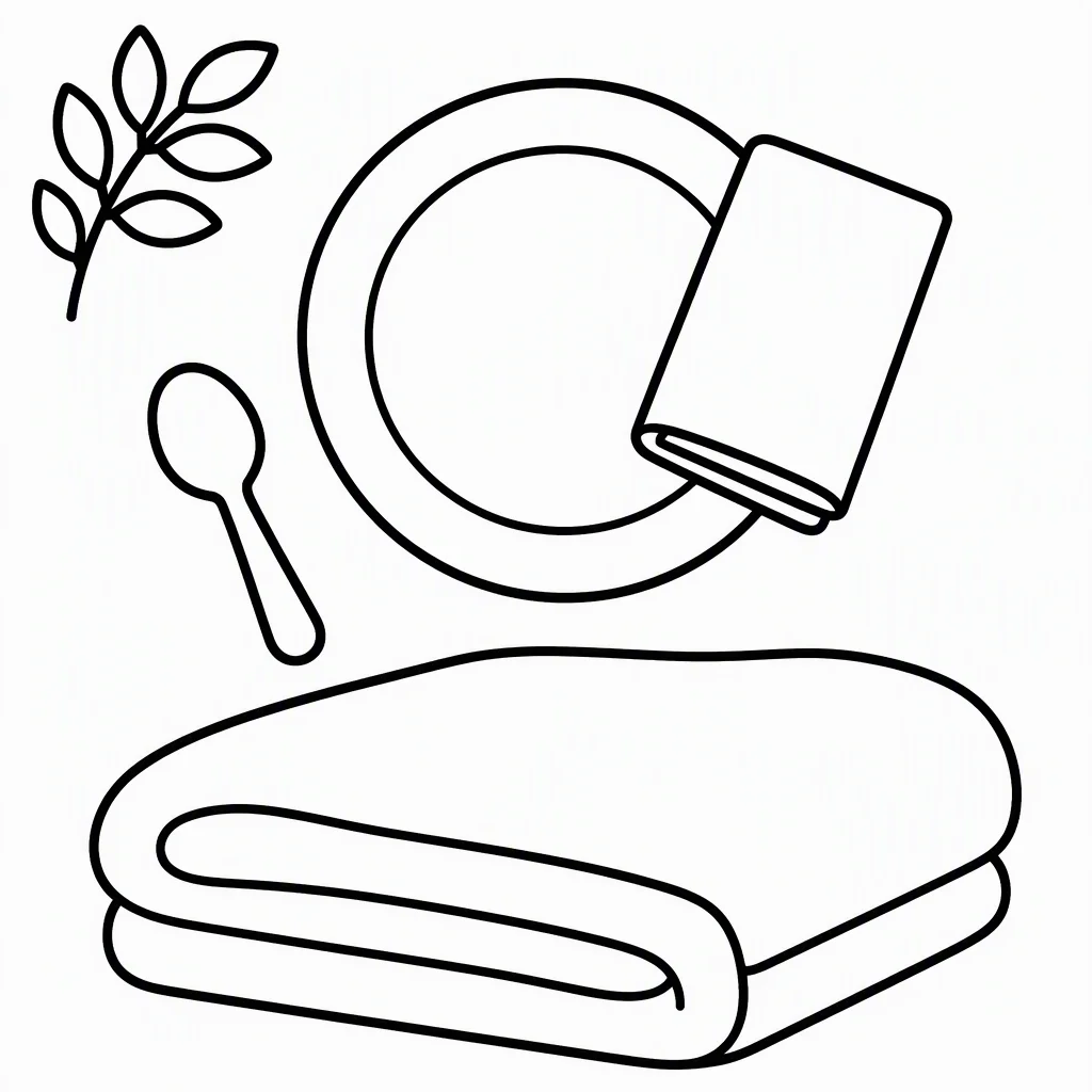 Bold and easy coloring flat lay of one round plate with a rolled napkin and spoon, a folded blanket, and a leafy sprig