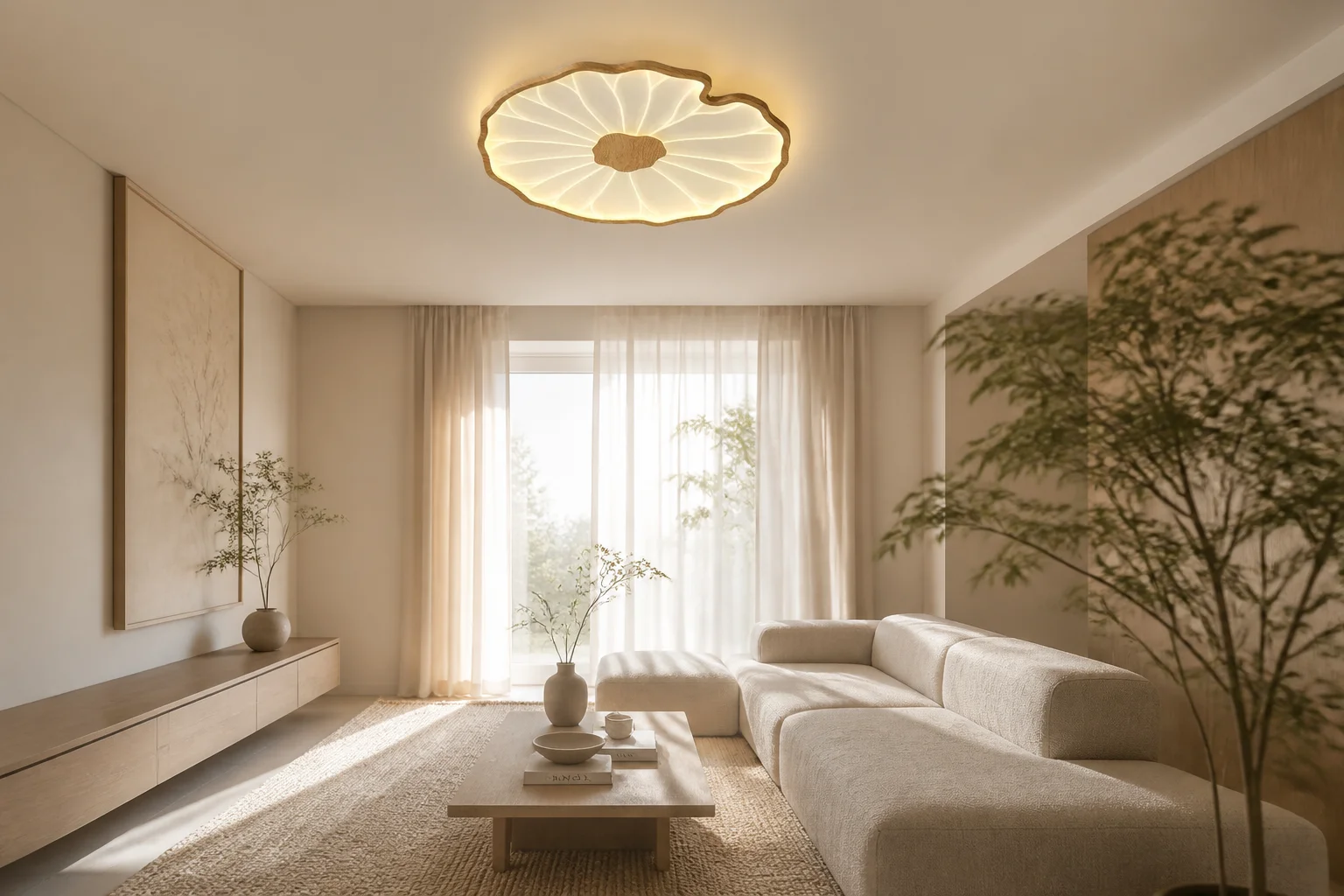Lotus Leaf Creative Ceiling Light installed on a modern living room ceiling with warm ambient glow
