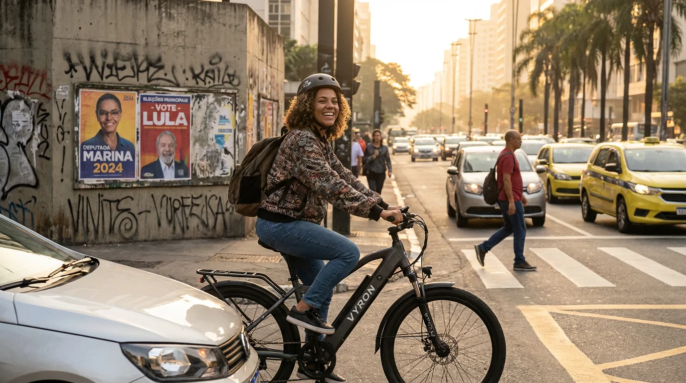 Brasileira pedalando e-bike VYRON com autonomia pelas ruas de Sao Paulo