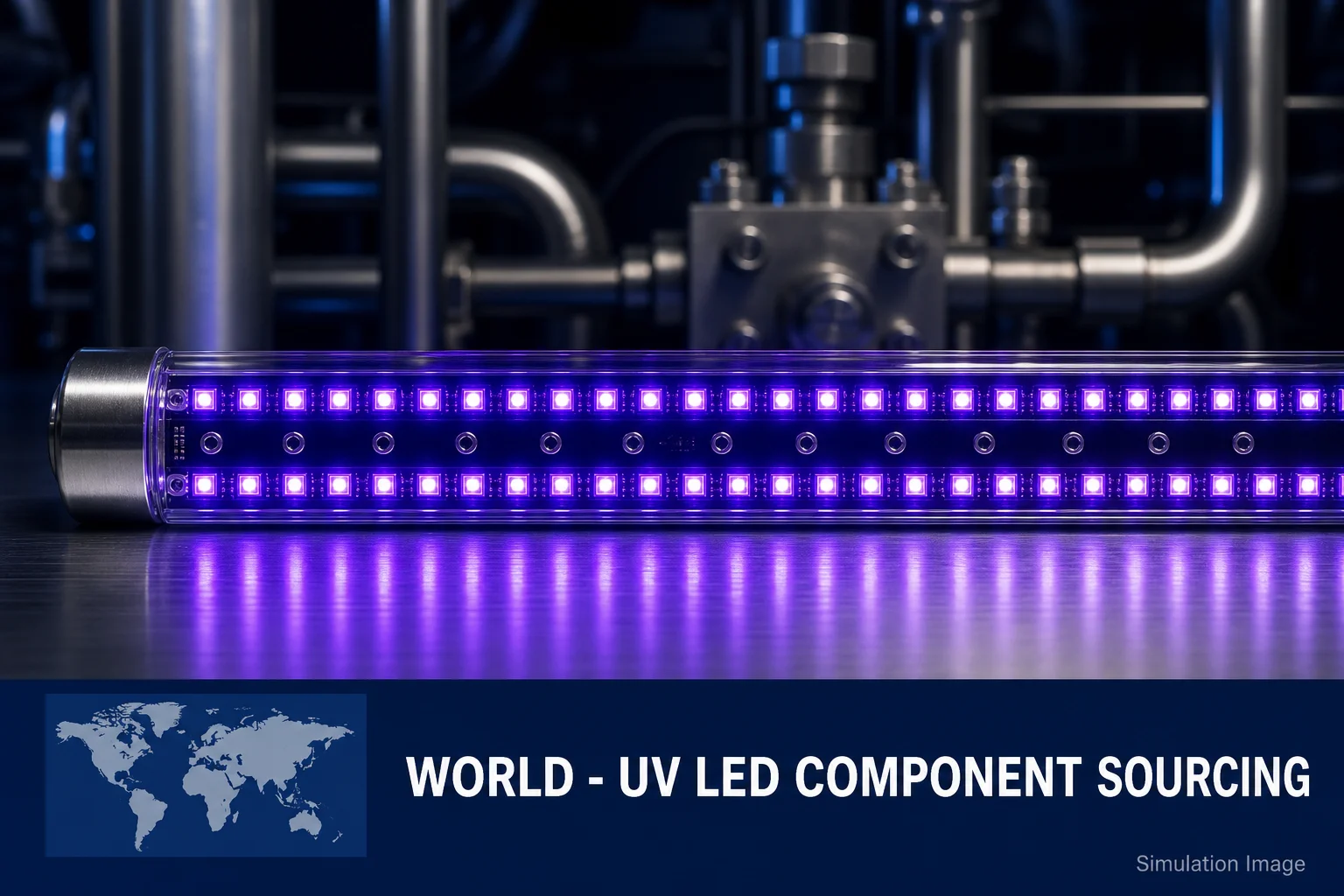 A slim cylindrical UV LED module with two parallel rows of emitters and a rounded silver end cap, glowing violet above a brushed stainless-steel surface in a dark industrial setting.