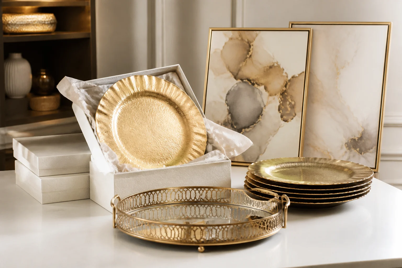 Colección de marca de decoración para el hogar de primera calidad con platos base, bandeja, decoración de pared y embalaje