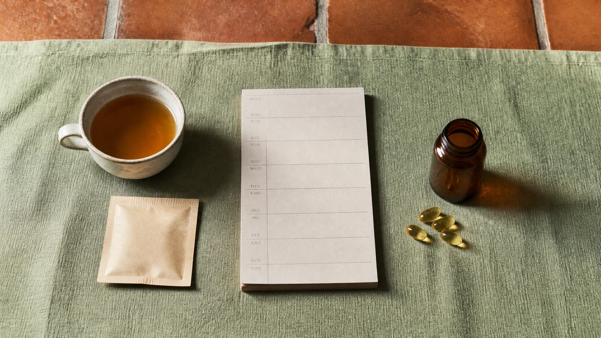 ceramic tea cup kraft sachet unlabeled amber vial unbranded softgels sage linen two lane still life