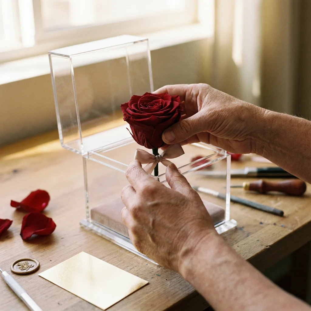 Artisan placing rose into luxury gift box