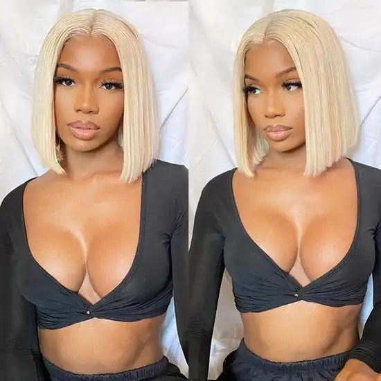 

12 inches 613 Blonde Color Straight Short Bob Wig 5*6 Lace Closure Wigs Can Be Dyed 180% Density