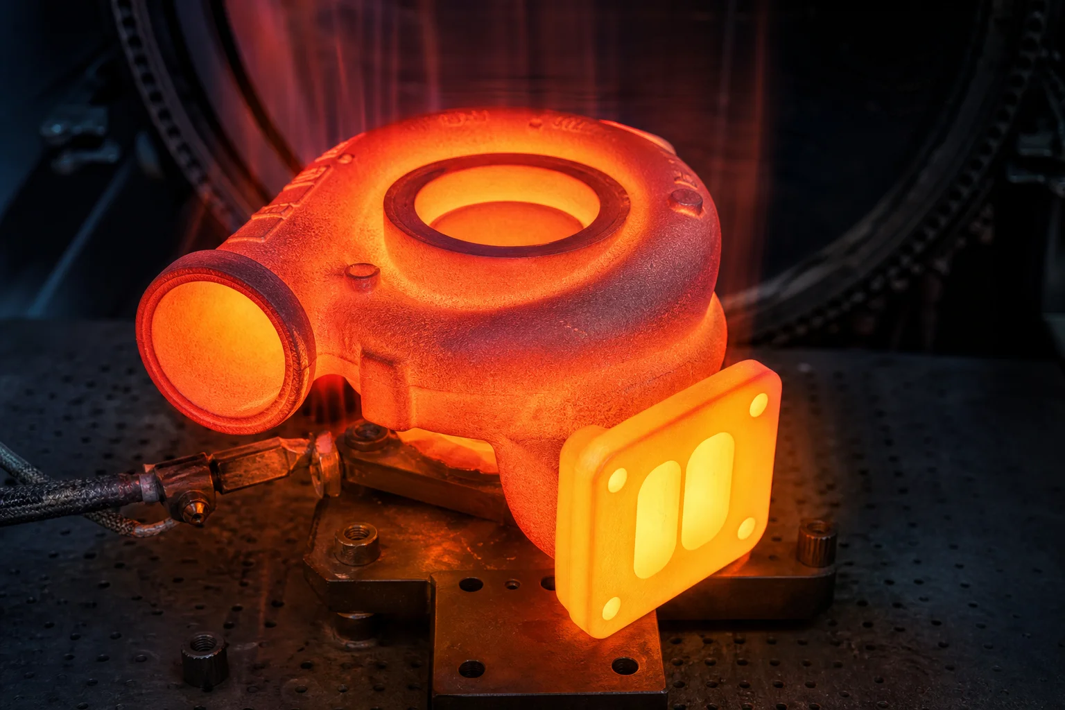 Turbocharger turbine housing during high-temperature thermal test