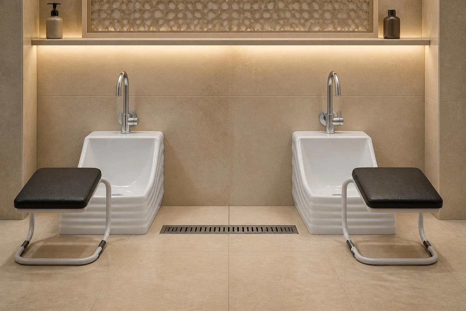 info-1-1 Two white ceramic wudu basins installed side by side as a two-station row in a mosque washroom