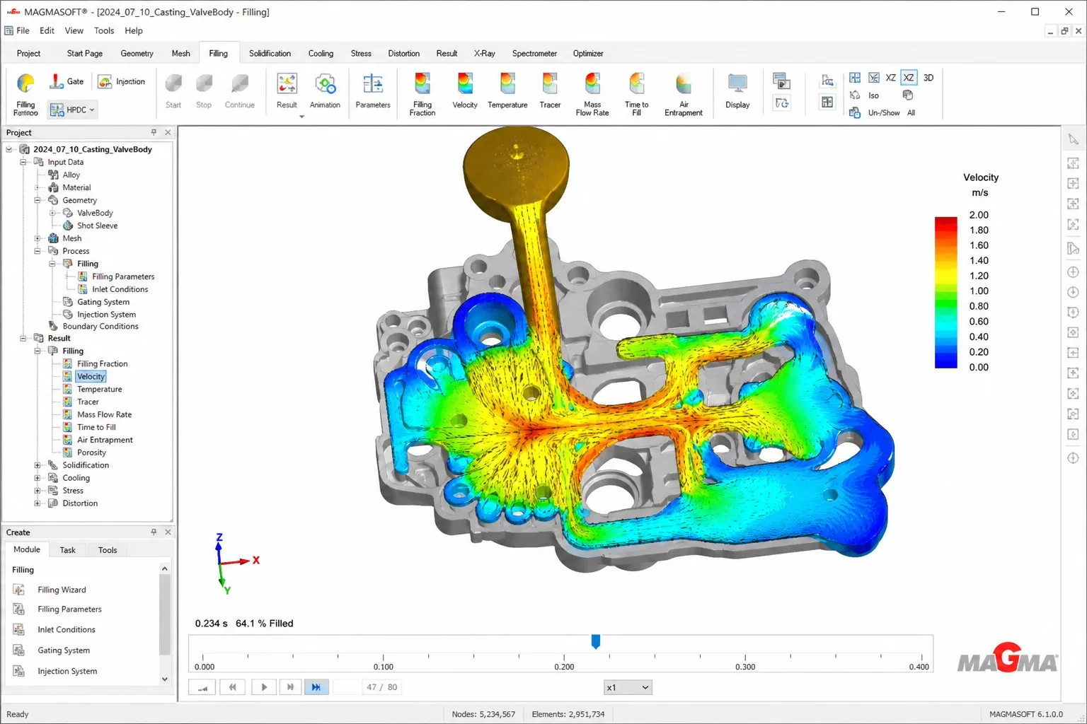 Mold filling simulation showing flow front advancing through gating system on screen