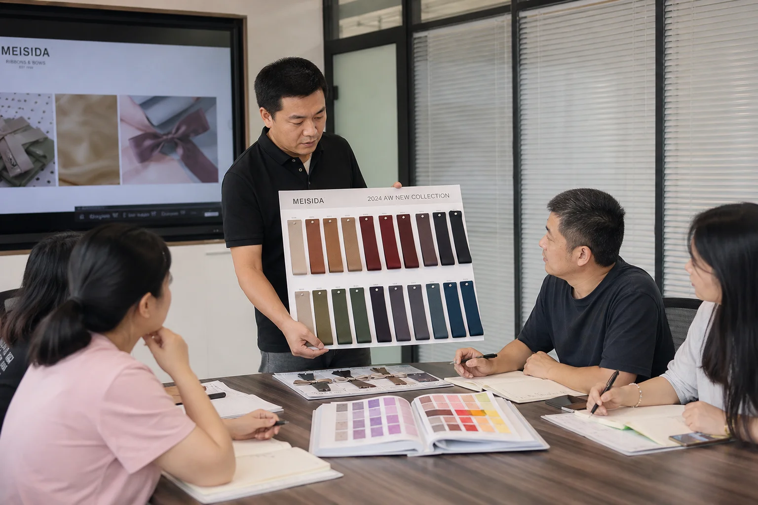 Documentary B2B factory photo ribbon colour development meeting Meisida factory product development manager presenting new colour samples upcoming season small team meeting table samples physical ribbon swatches autumn tones pinned sample board Pantone colour reference book open table natural conference room light realistic product development meeting