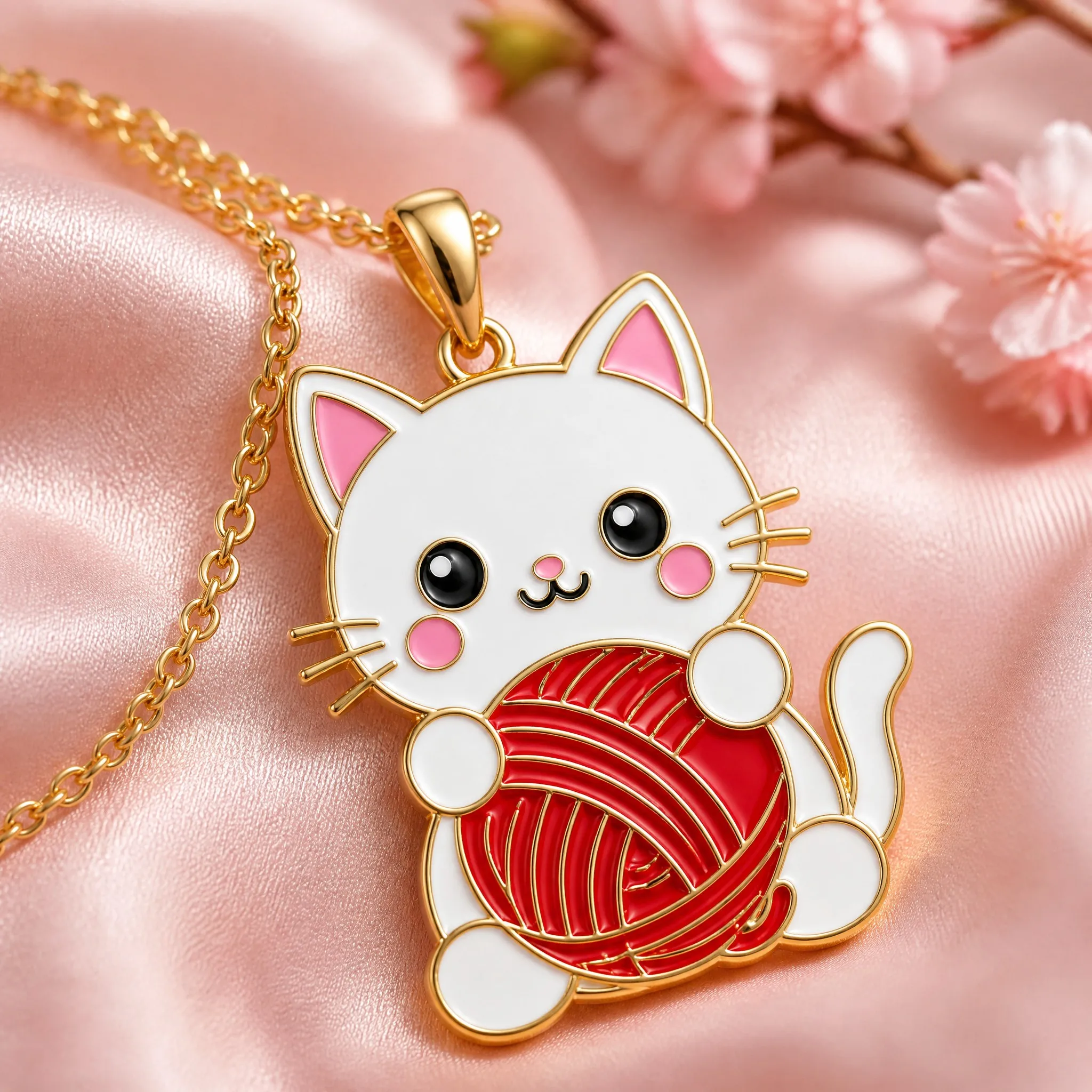 Close-up of hard enamel cat pendant detail, glossy enamel and gold outline on pink satin