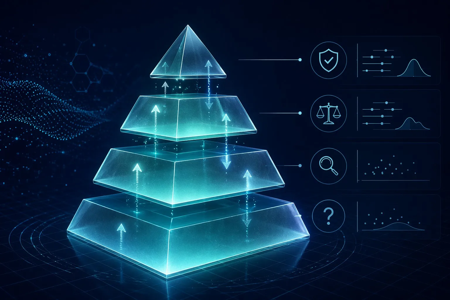 Glass pyramid representing tiers of evidence certainty with rating arrows