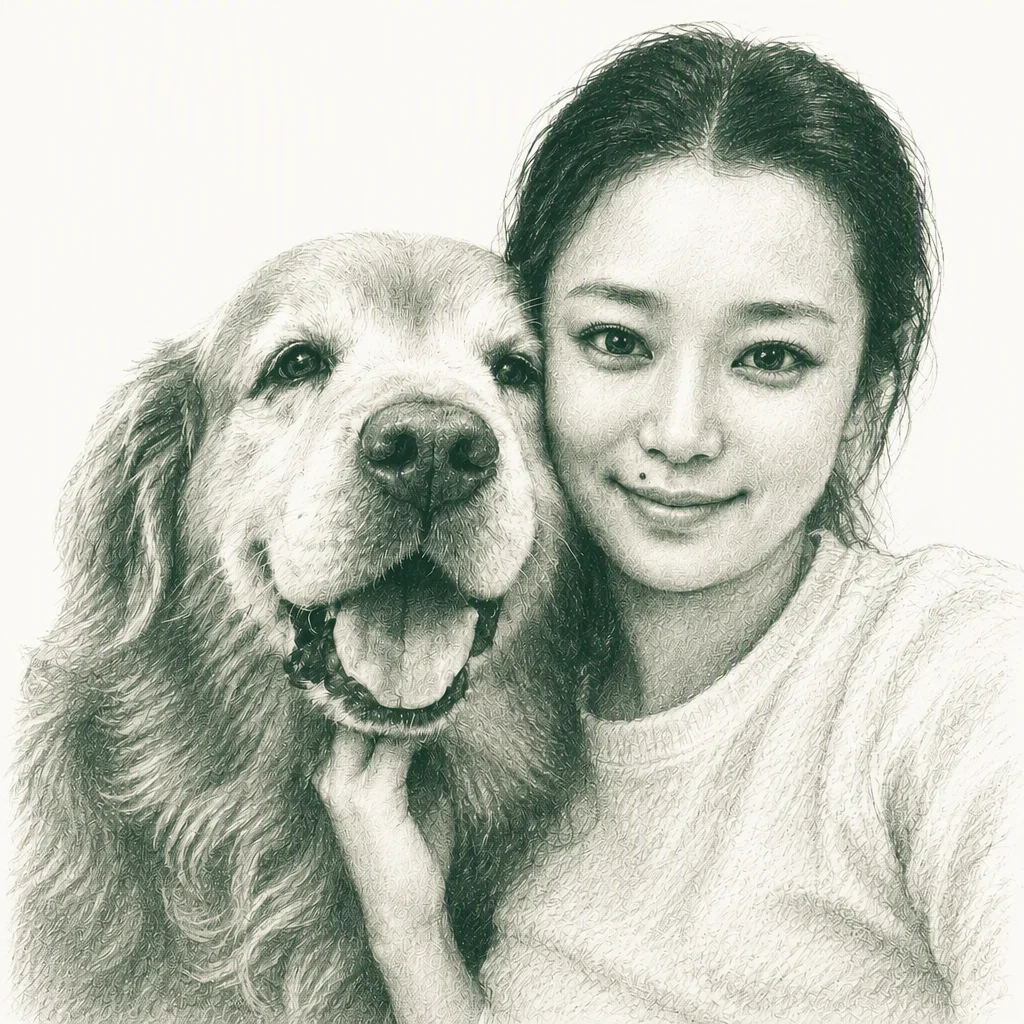 Minimal pencil sketch of a founder with her golden retriever