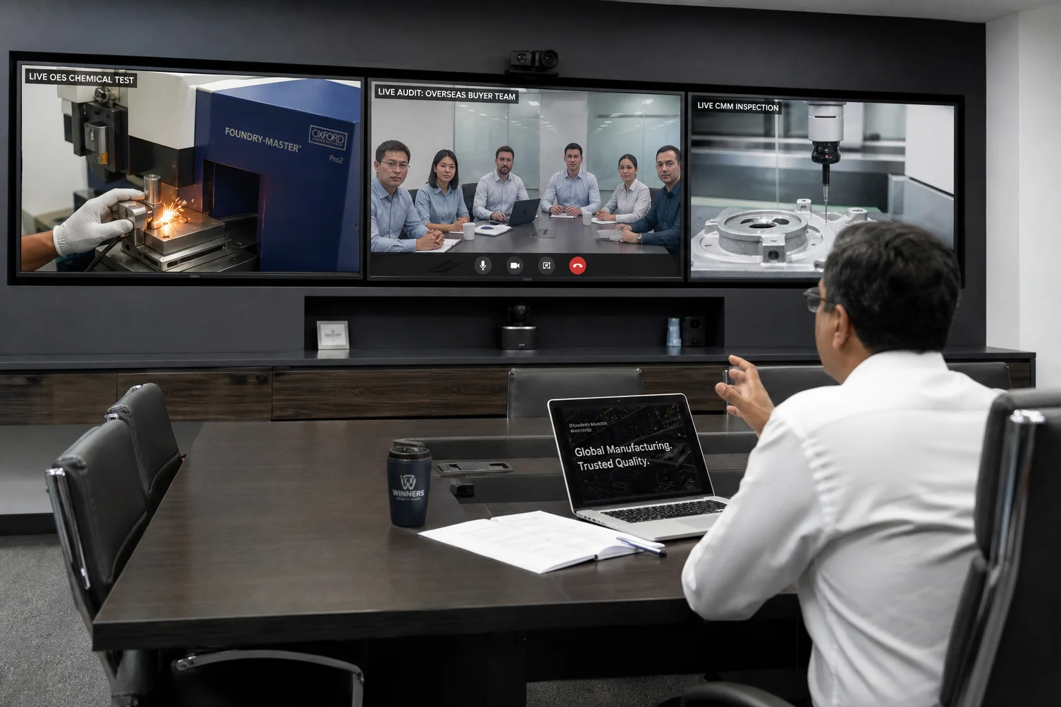 Foundry quality director conducting real-time live virtual factory audit via multi-screen video conference