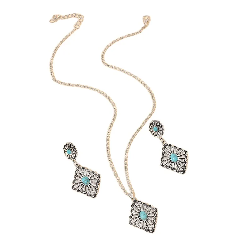 

Wofish Western Jewelry Silvertone legend concho turquoise stone necklace and earrings set for women Collection