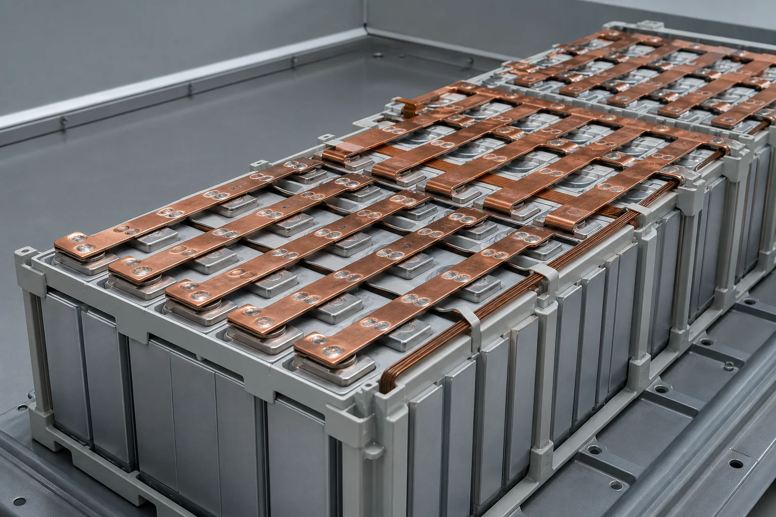 Celdas prismáticas de batería con barras de cobre soldadas sobre sus terminales dentro de un paquete