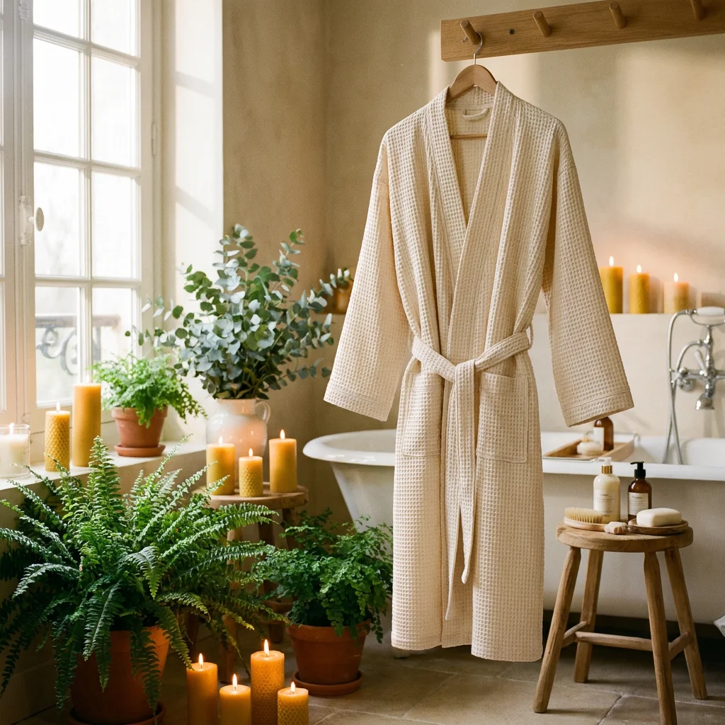 Peignoir gaufré crème accroché dans une salle de bain lumineuse avec des plantes et des bougies