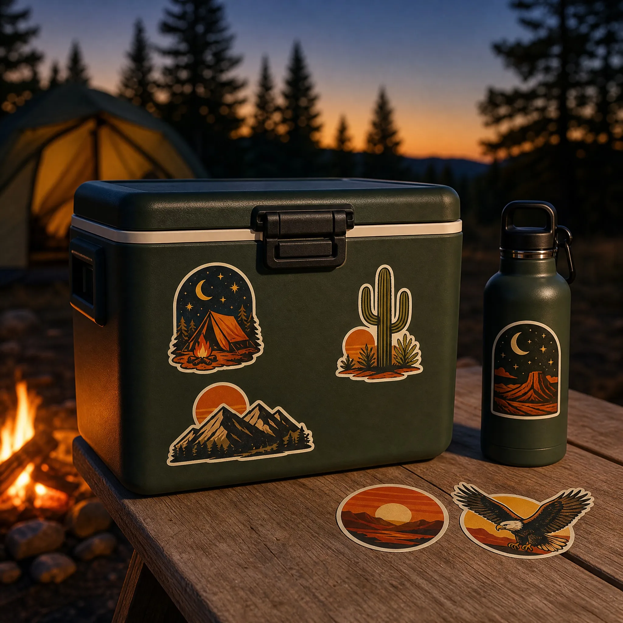Retro car stickers applied on a cooler and water bottle at a campsite