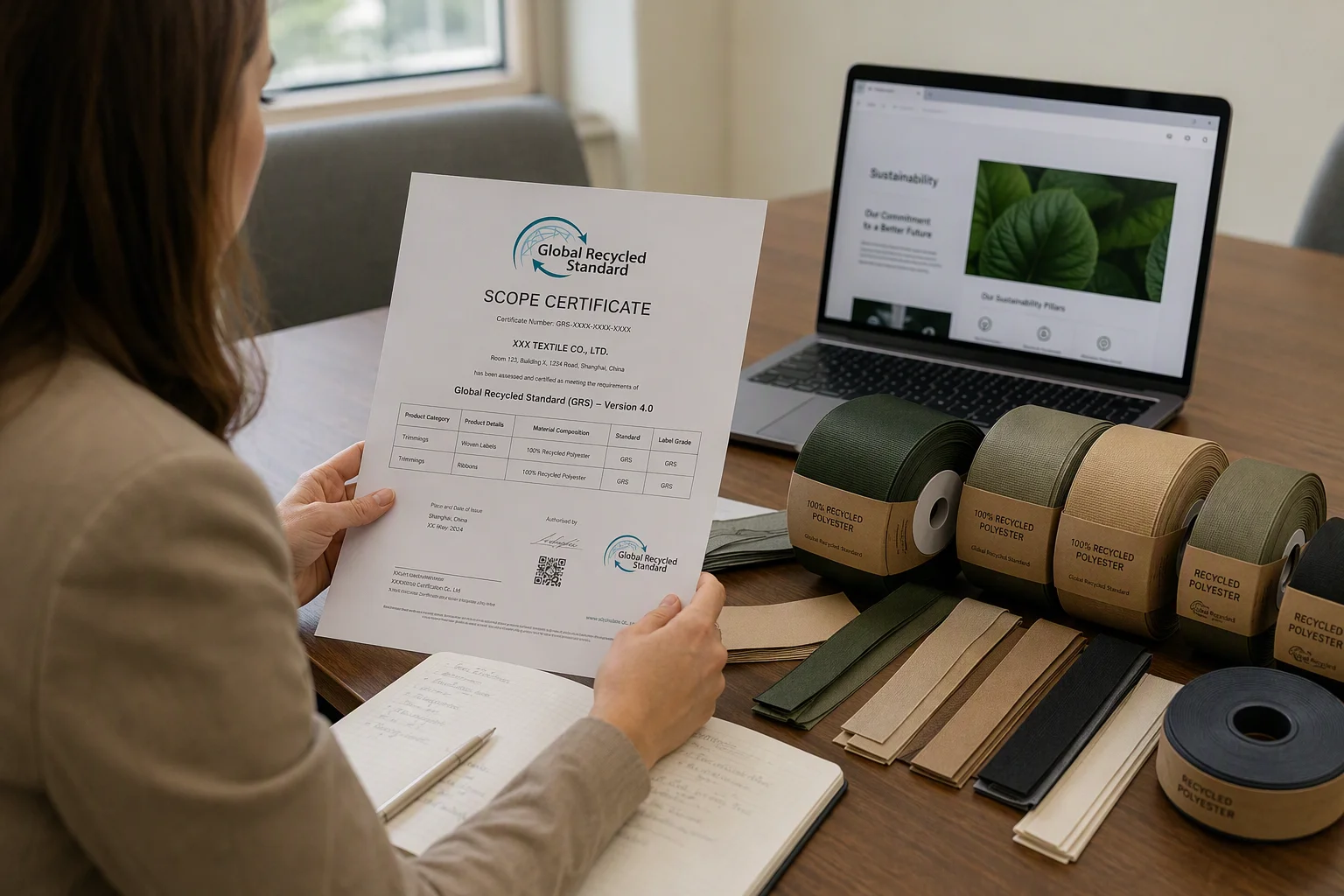Buyer reviewing GRS certification document alongside sustainable ribbon samples in procurement meeting