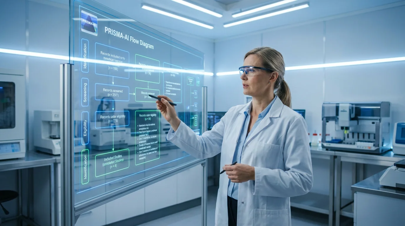 Researcher reviewing a PRISMA-AI flow diagram on a high-tech display