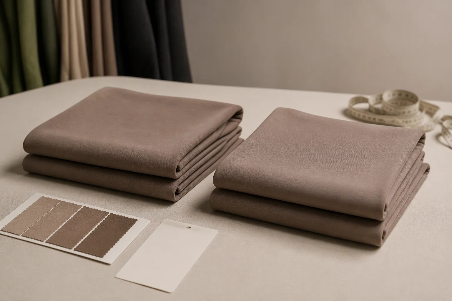 A first order and a matching reorder of folded modal hijabs in the same shade on a factory inspection table for lot-to-lot consistency