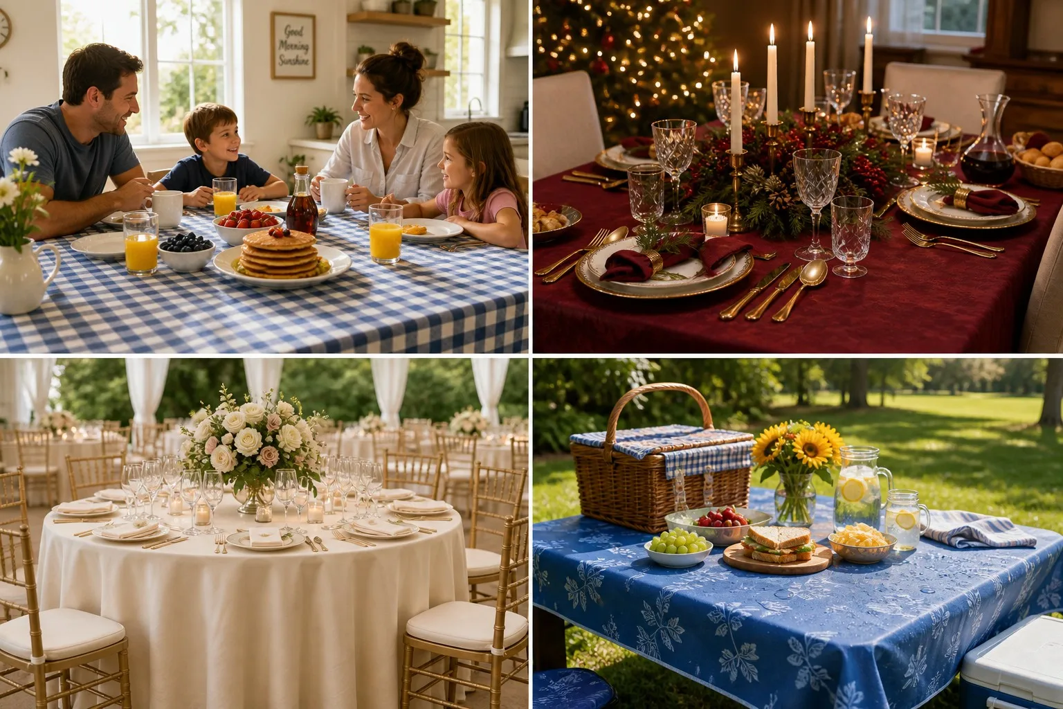Different tablecloth styles for various dining occasions - casual, holiday, wedding, and outdoor