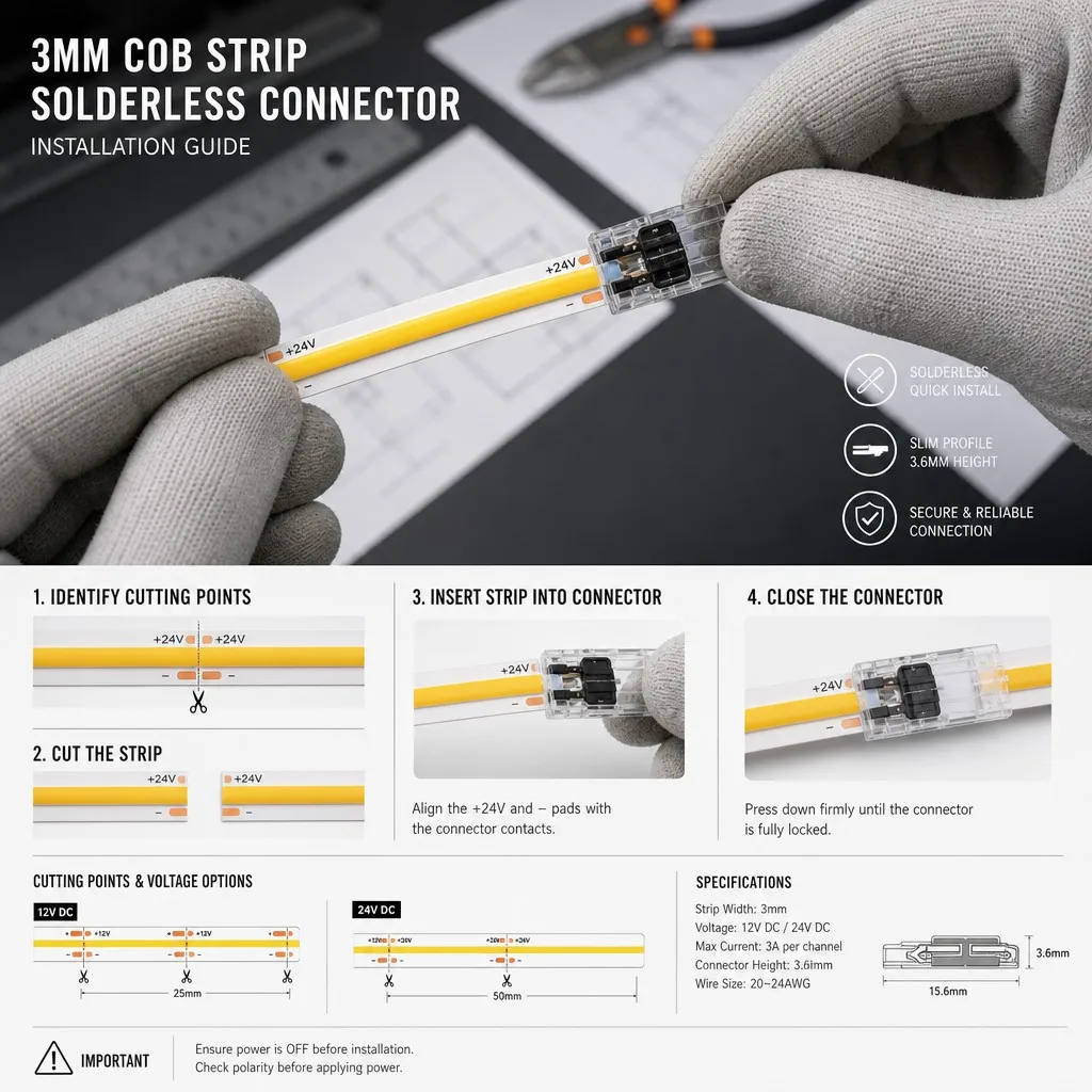 Connector and installation guide for narrow 3mm spaces