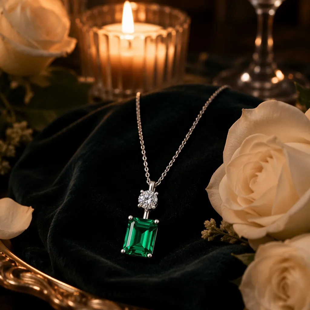 925 Silver Lab Grown Emerald Cut Green Gemstone Pendant with Lab Grown Diamond Pave Bar Luxury Gift for Women
