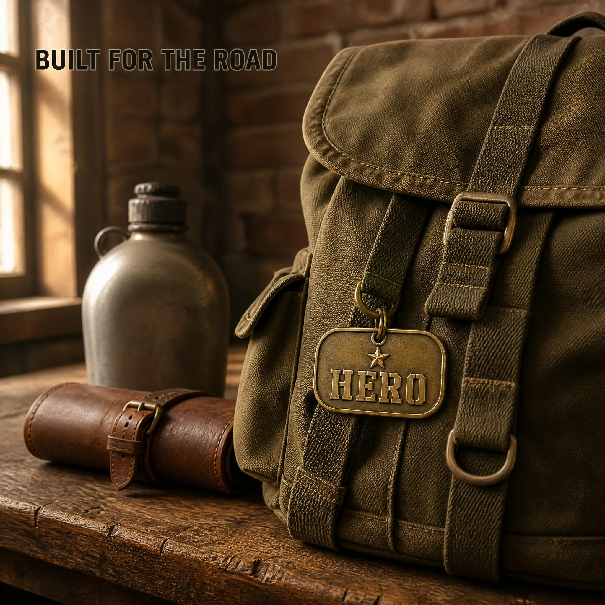 Embossed brass dog tag hanging on a canvas backpack in a workshop