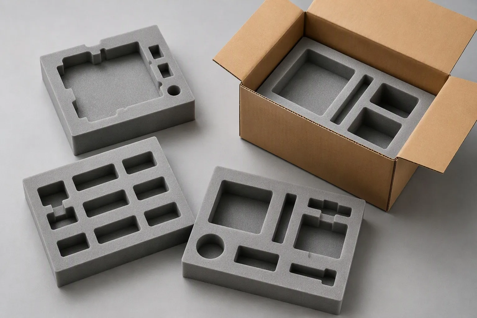 Die-cut closed-cell foam inserts with product cavities beside an open shipping box