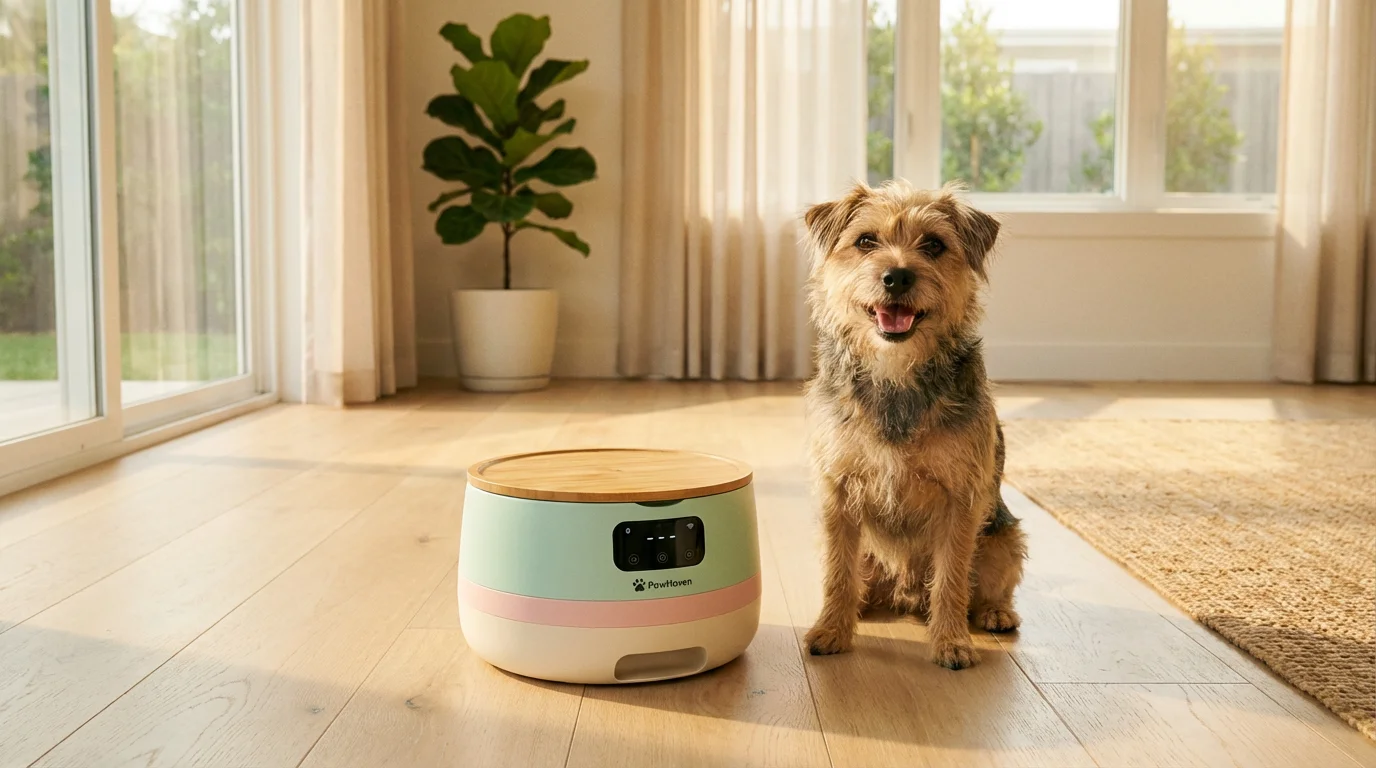 Happy dog sitting beside a modern WiFi smart feeder in a cozy home