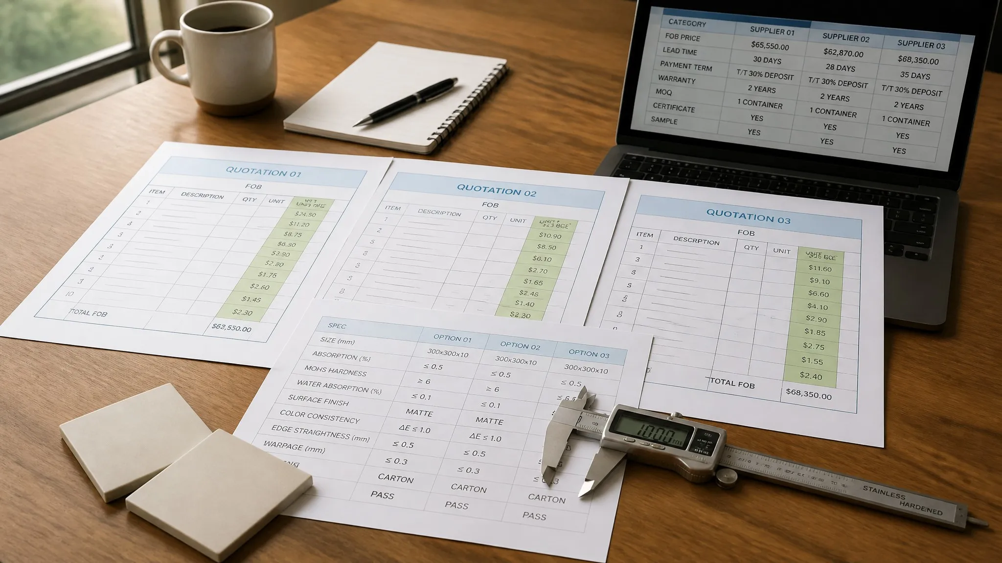 B2B procurement desk comparing three sanitary ware supplier quotation sheets, a specification comparison checklist, a digital caliper and ceramic sample tiles