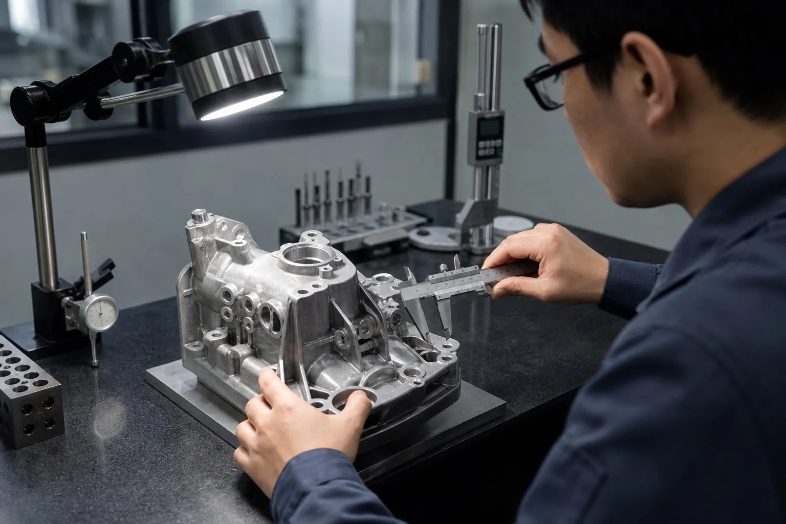 Technician checking a machined cast-metal component with a vernier caliper