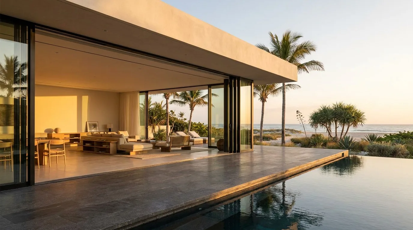 Luxury beachfront villa with massive Richocean aluminum stacking doors connecting living room to pool deck