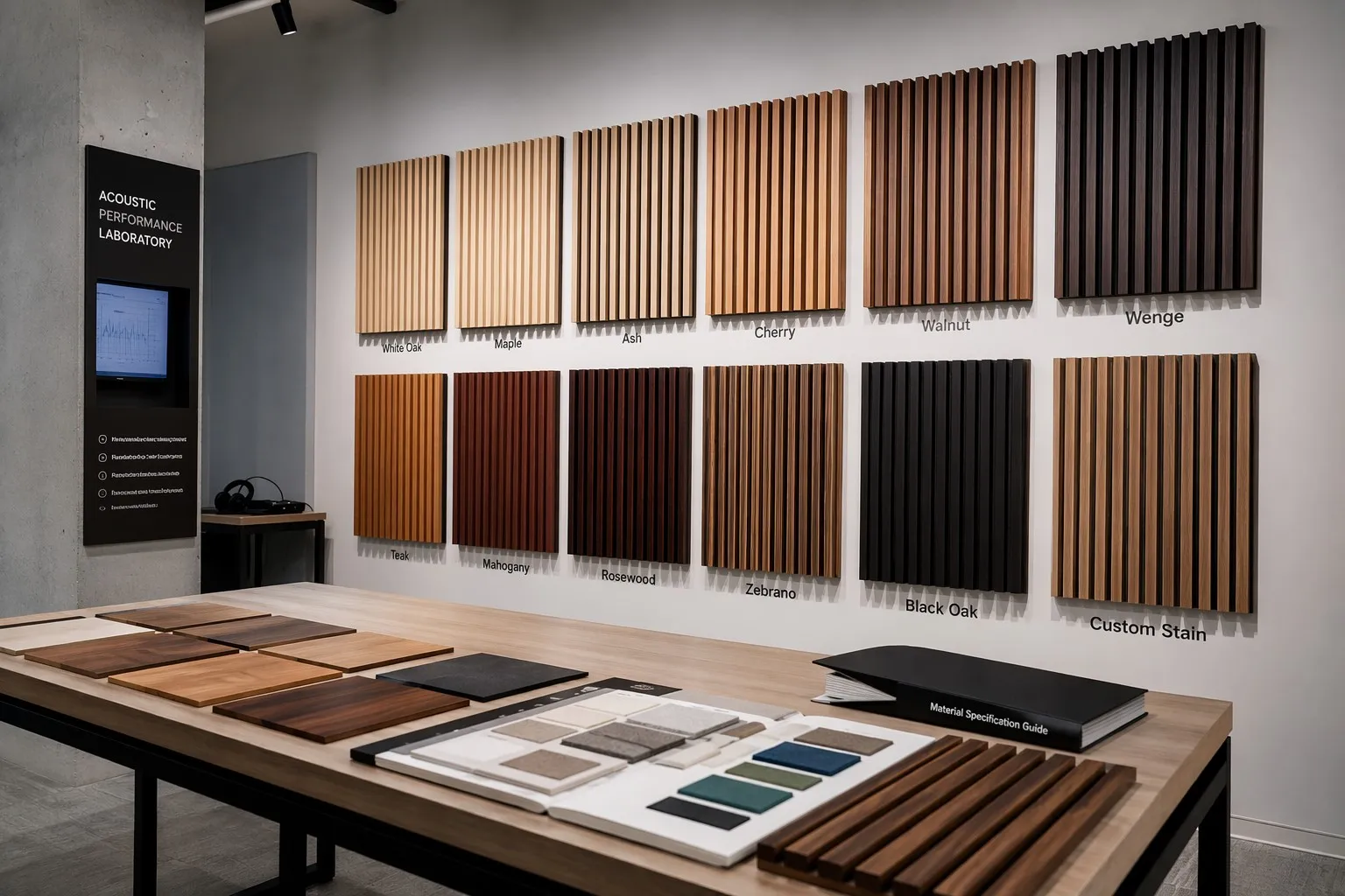 Material showroom with wood slat panel samples in various finishes — oak, walnut, teak, rosewood — mounted on white wall