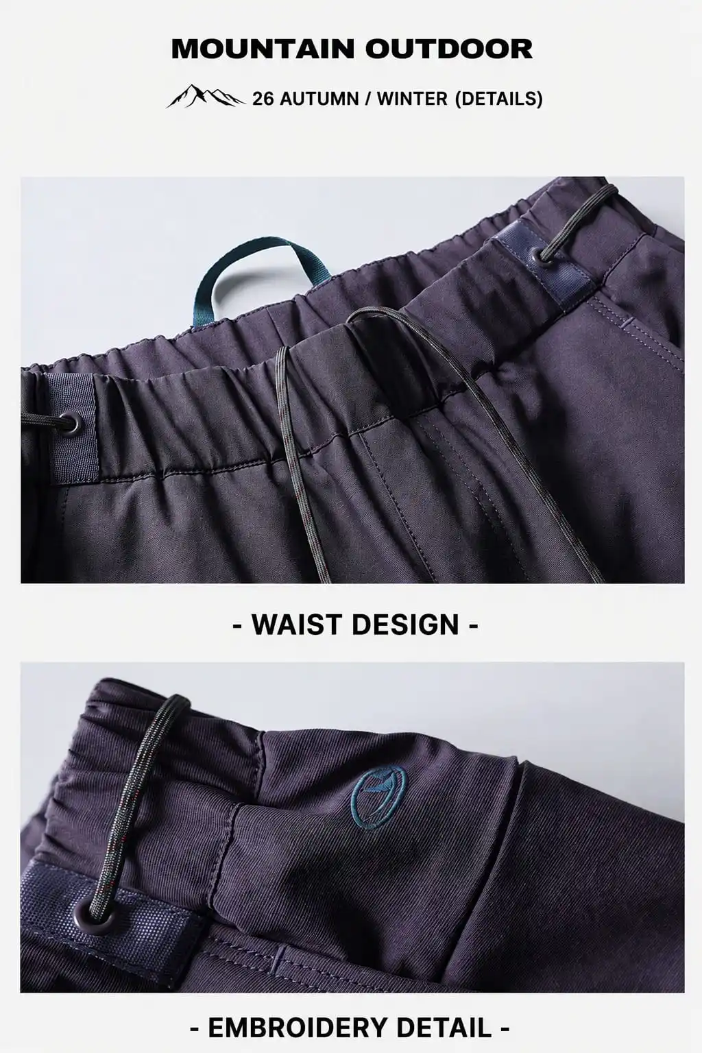 Close-up of the adjustable elastic waistband and embroidered detail on the utility pants