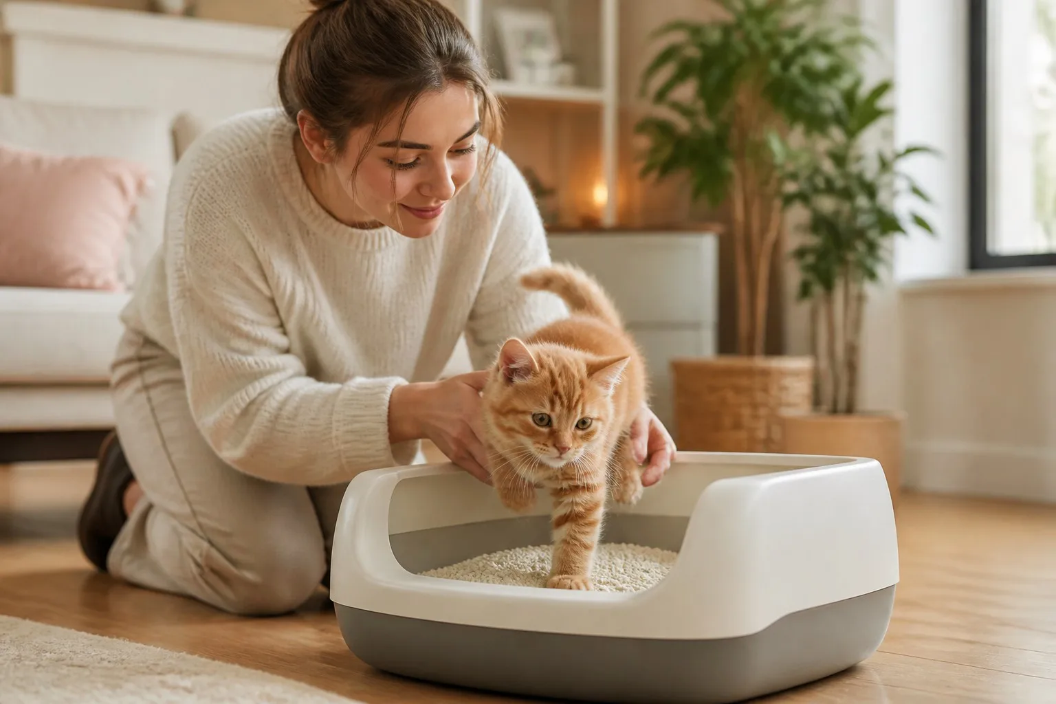 A young cat owner gently guiding an orange tabby kitten toward a modern litter box in a cozy living room