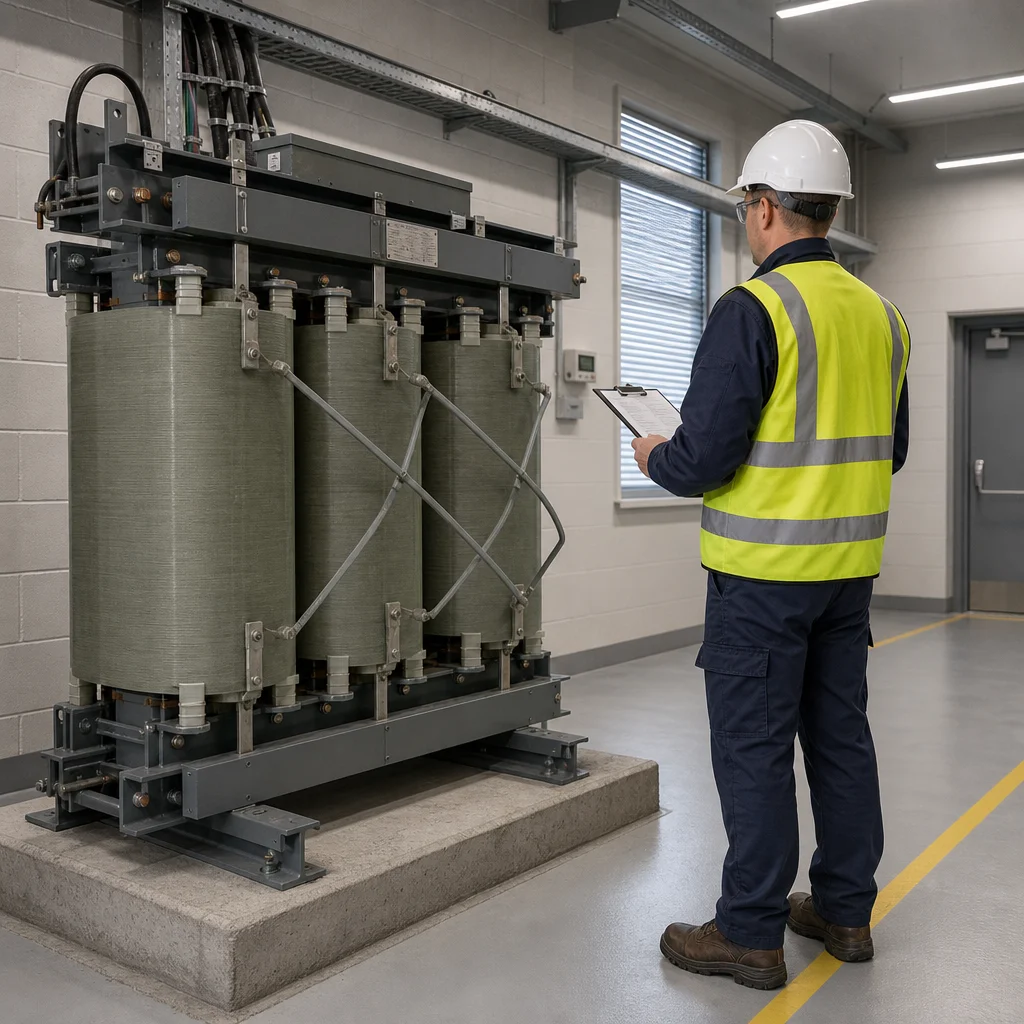 Cast resin dry type transformer in an indoor electrical room with an engineer verifying nameplate and ventilation data