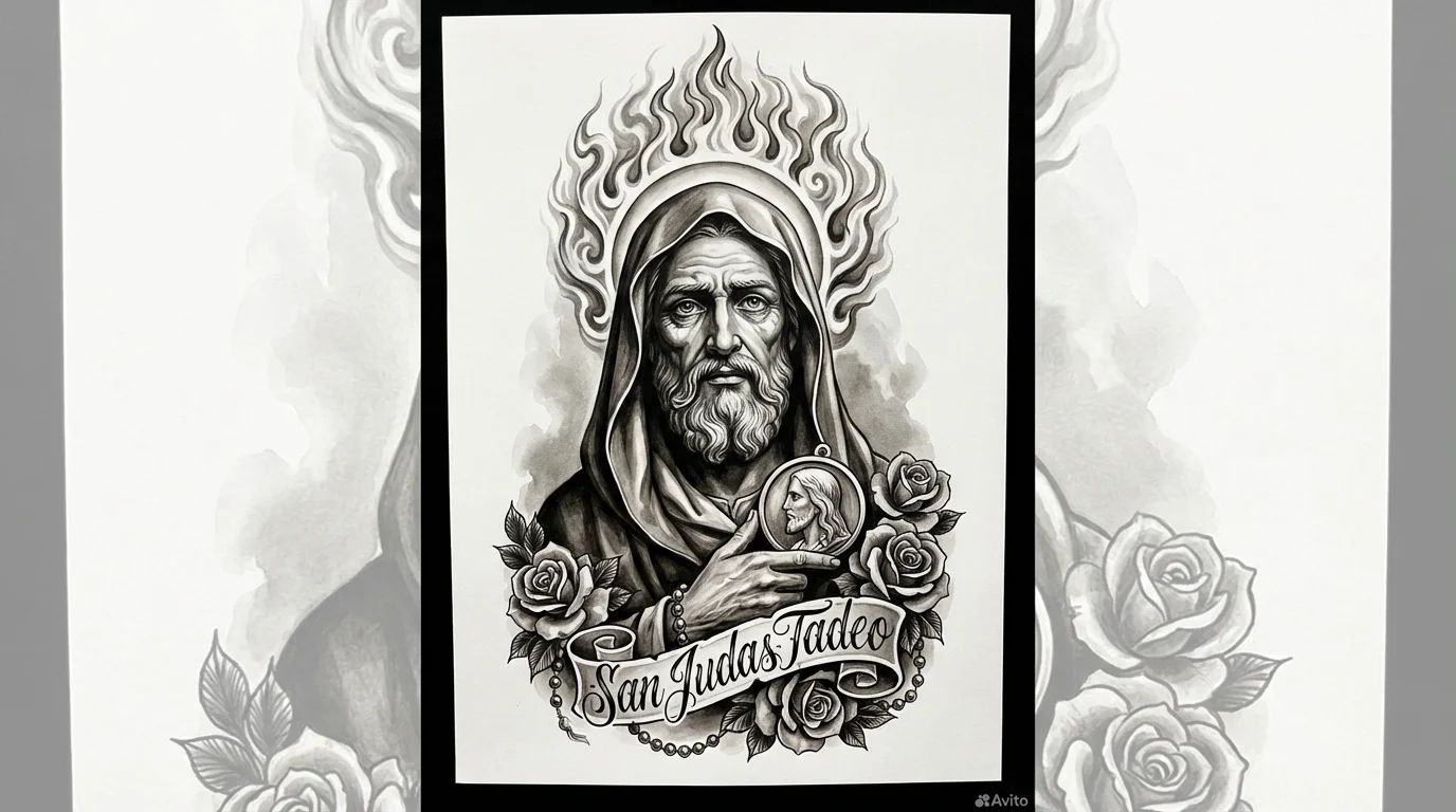 San Judas Tadeo tattoo meaning - chicano portrait style