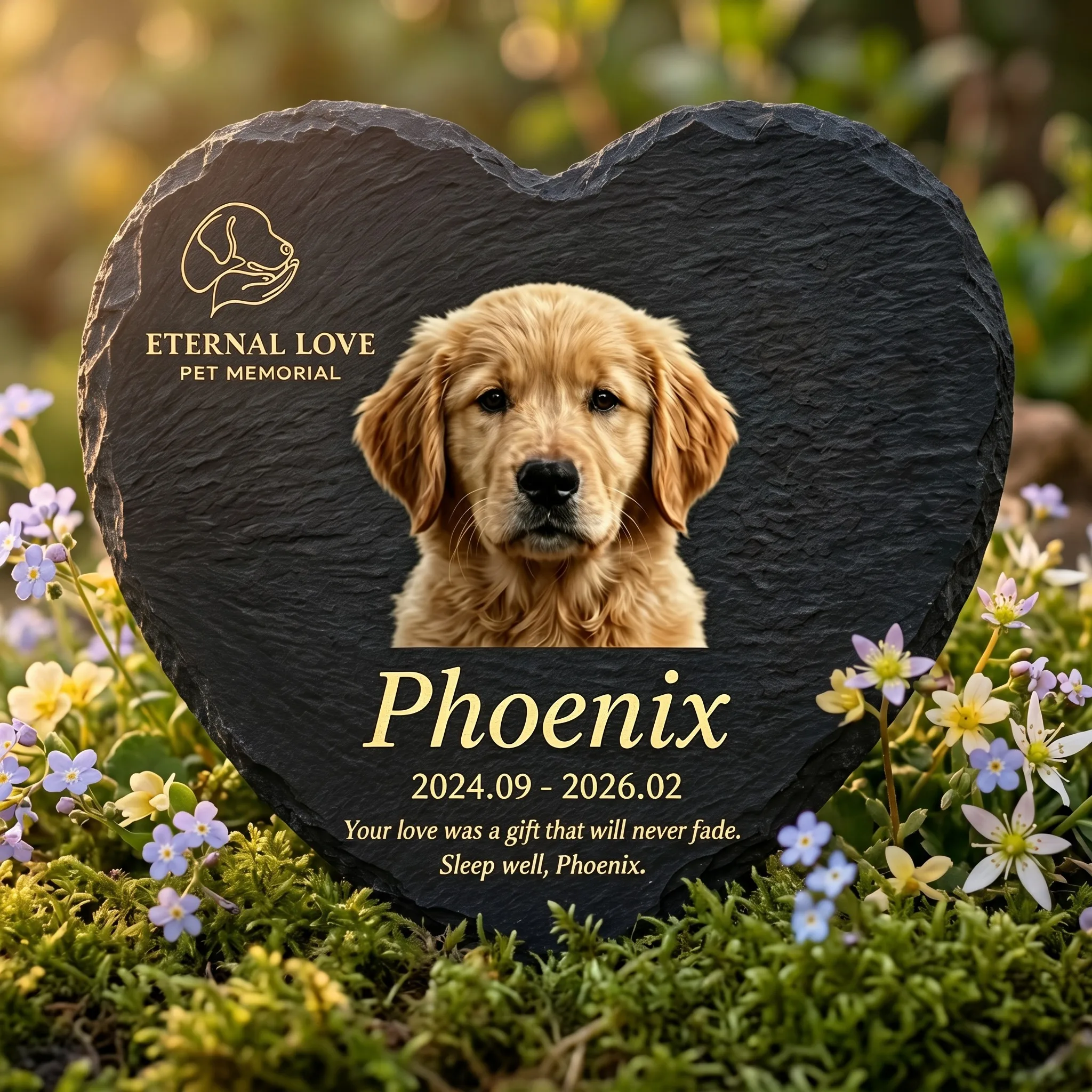 Custom heart shaped pet memorial stone in garden