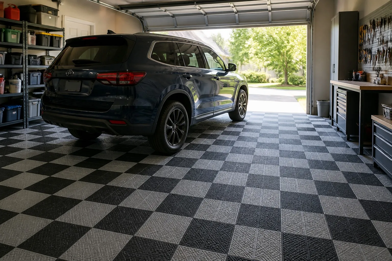 Home garage with interlocking garage floor tiles in a checkerboard pattern