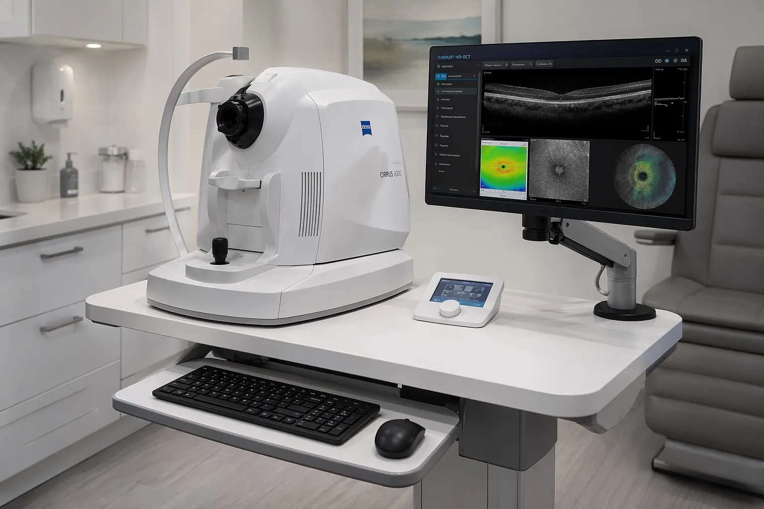 Modern OCT diagnostic lane with dual-desktop workstation