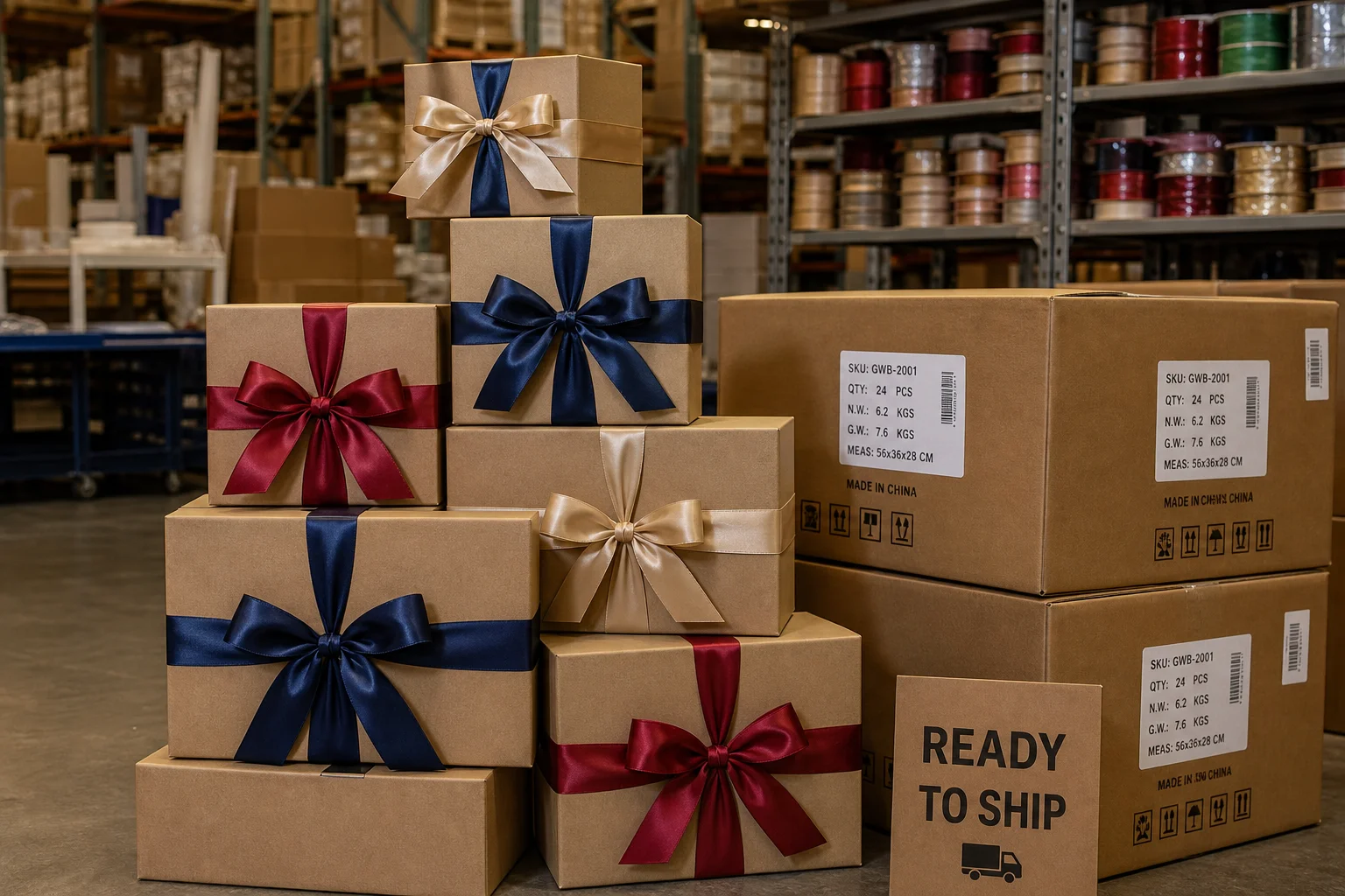 Finished gift boxes with satin bows stacked in warehouse with ribbon supply rolls on shelf in background