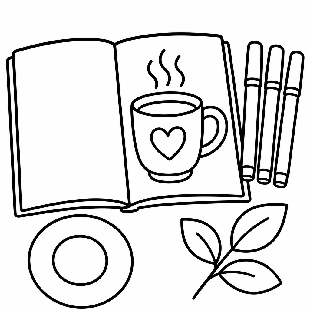Bold and easy adult coloring page flat lay with open coloring book, markers, saucer, and sprig in thick clean outlines