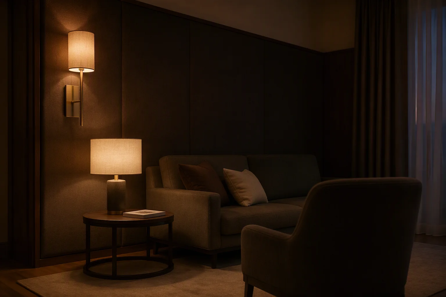Hotel suite seating area lit by a separate decorative layer while the ambient layer stays low