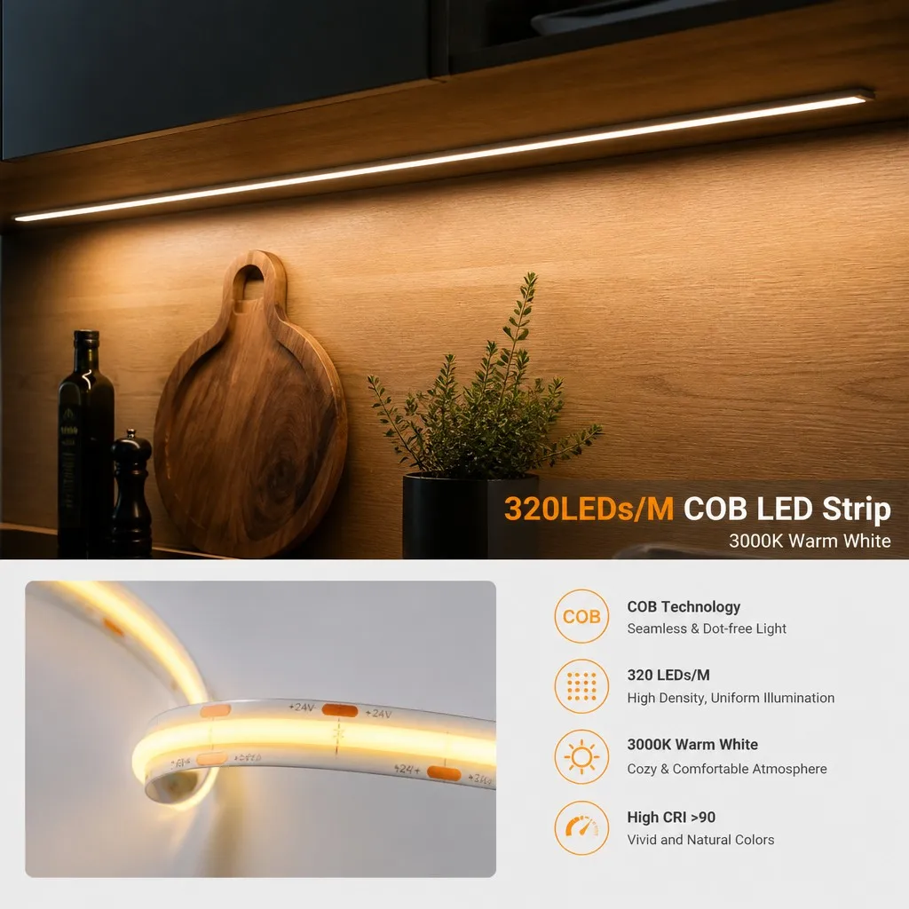 320LEDs/m COB LED Strip in furniture under-cabinet application
