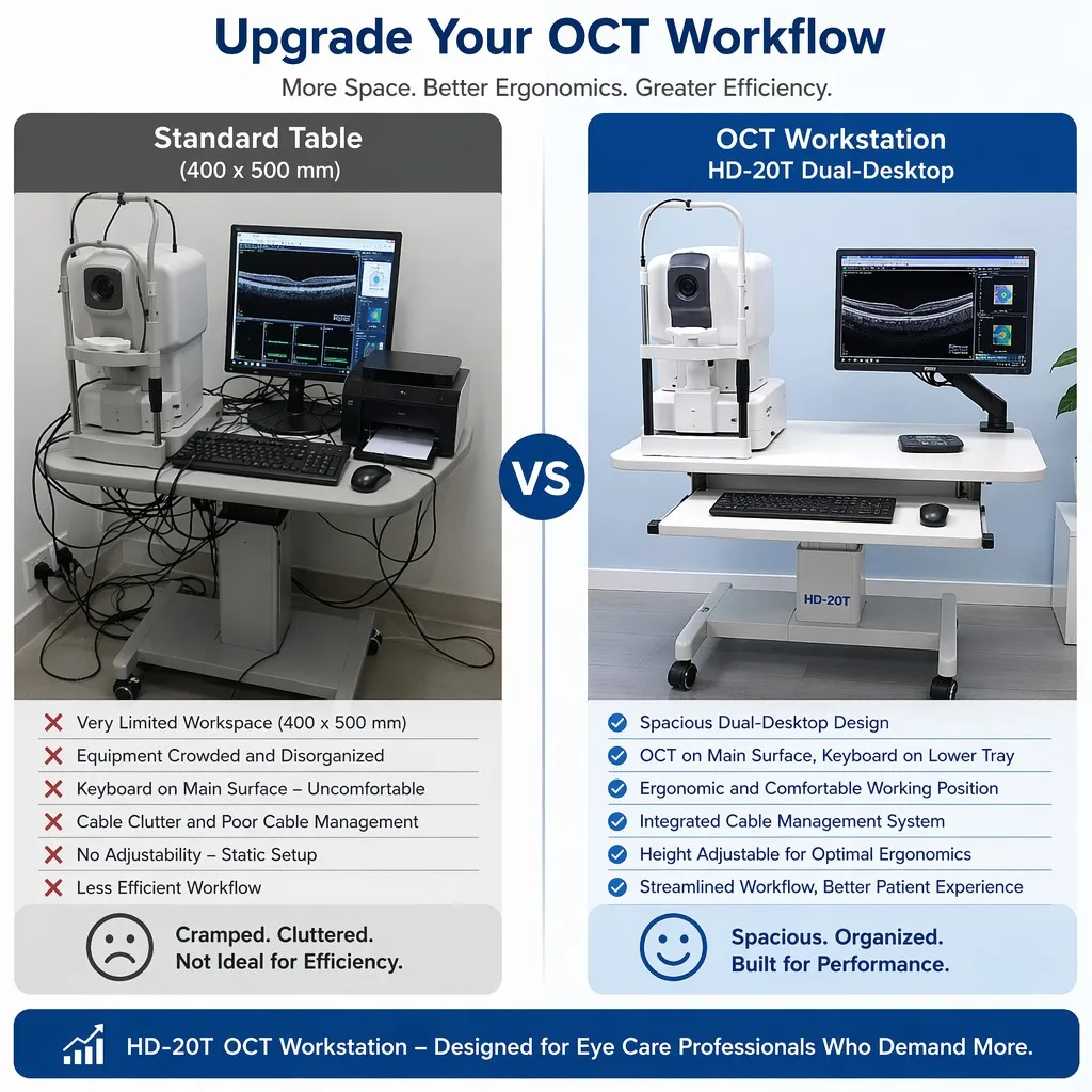 Comparison of cramped standard table versus organized HD-20T dual-desktop OCT workstation