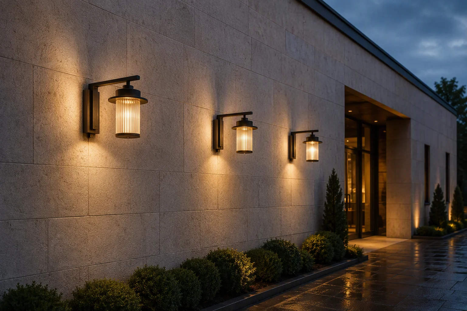 Hotel facade lighting: wall mounted exterior lanterns on stone cladding at dusk